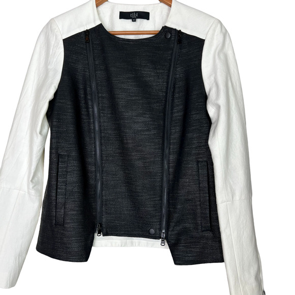 Tibi  Colorblock Moto Jacket Zip Up Long Sleeve Pockets Black/White - Picture 3 of 12